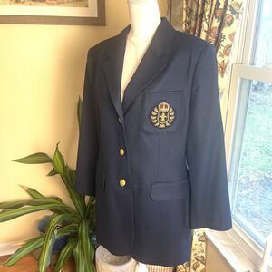 Vintage Navy 100% Wool Blazer Gold Crest Buttons Preppy Equestrian Old Money 16